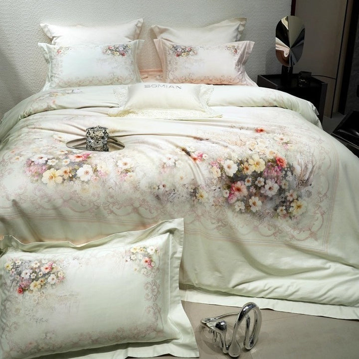 Luxuriöses Floral-Mikrofaser-Satin-Bettbezug-Set mit wendbaren dekorativen Kissenbezügen
