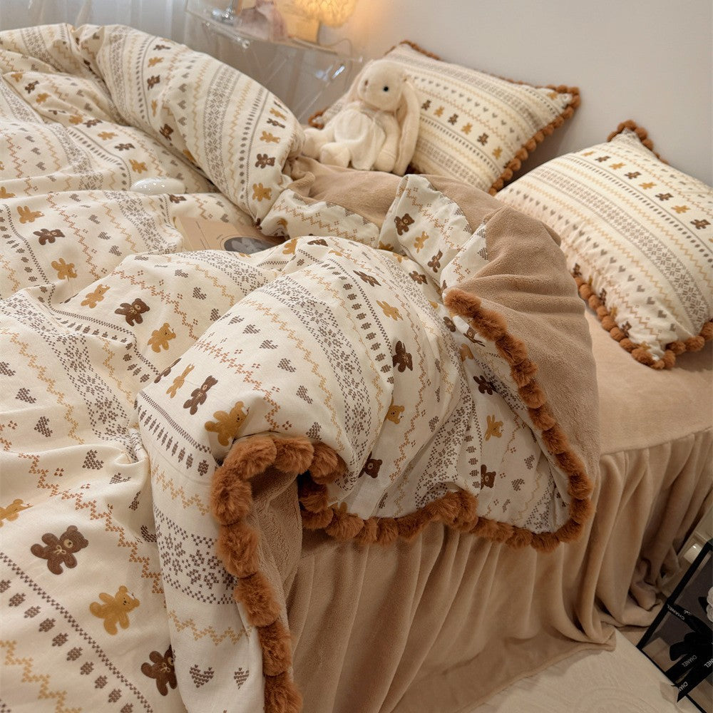Plush Pom-Pom Trim Quilted Teddy-Motif Down-Alternative Comforter Set with Matching Pillow Shams