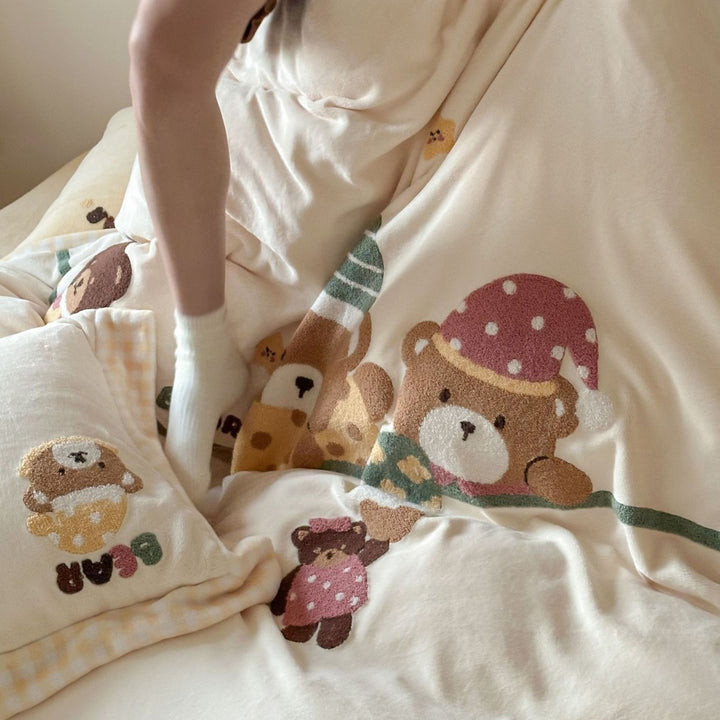 Plüsch Gingham Baumwoll Bettbezug und Kissenbezug Set mit bestickten Welpenapplikationen