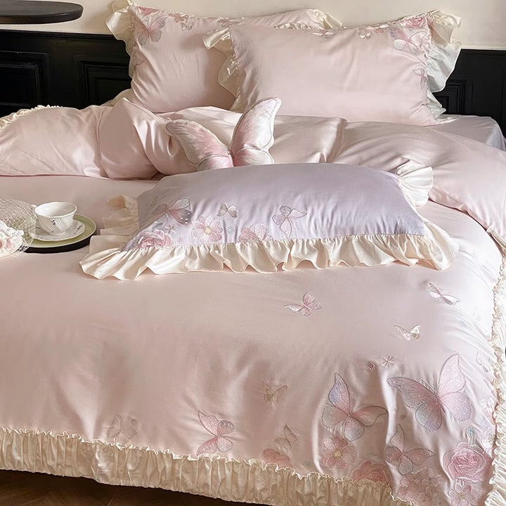 Luxus Rüschene Baumwoll-Satin Bettbezug Set mit bestickten Schmetterlings-Kissenbezügen