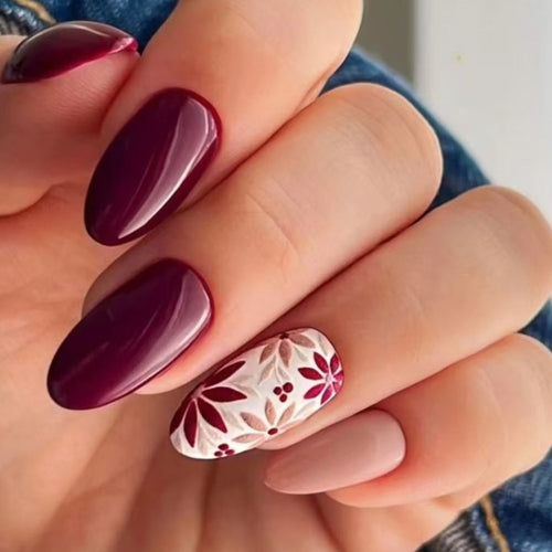 Elegante Floral-Akzent Press-On Nägel Karnz
