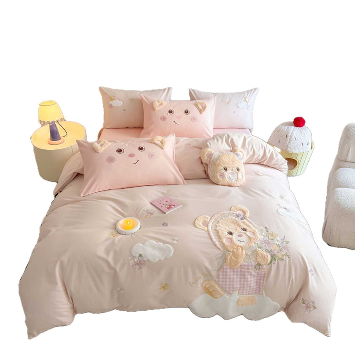 Teddy Applikation Baumwoll-Satin Bettbezug Set mit Plüsch Ohren Kissenbezügen