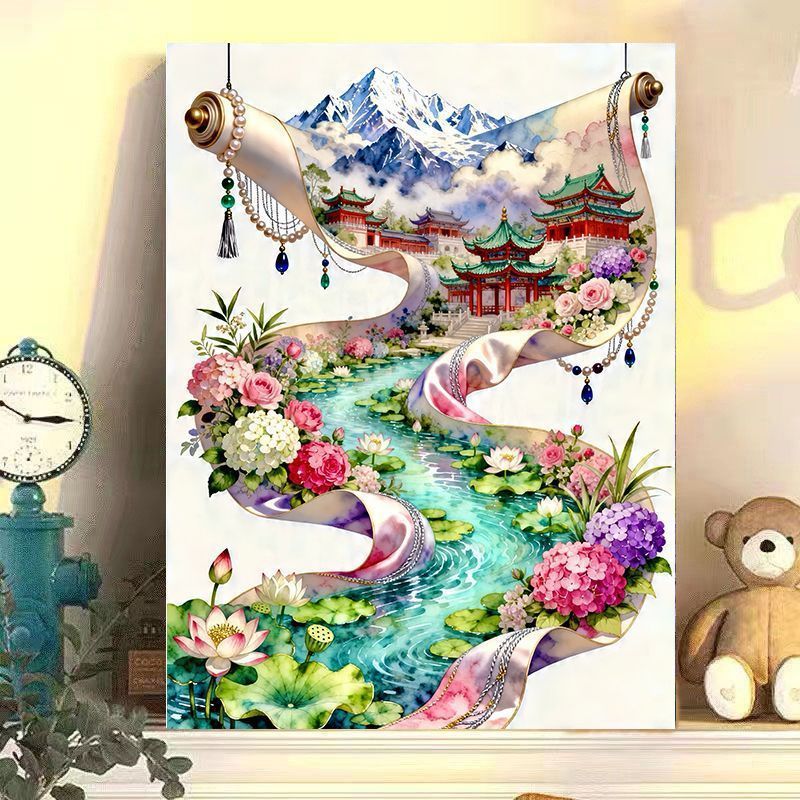 Elegante chinesische Landschaftsrollenkunstdruck Karnz