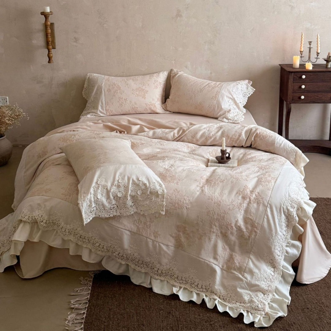 Rüschenspitze Jacquard Floral Baumwollsatin Bettbezug Set mit Bett-Rock