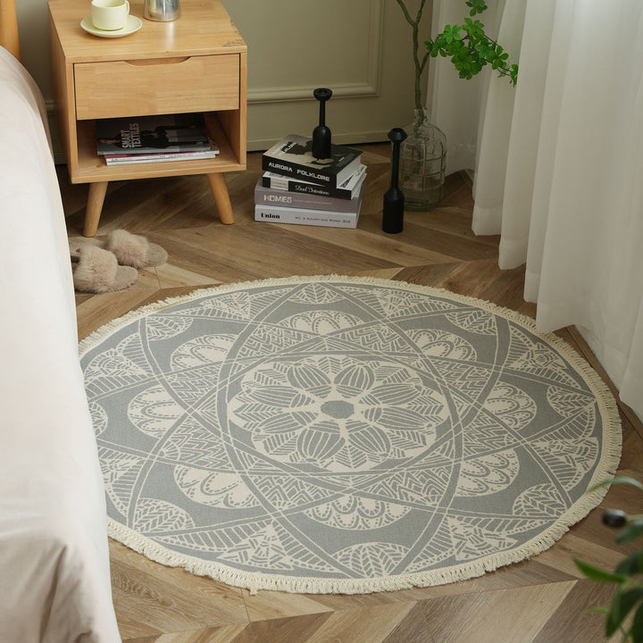 Runder Boho-Baumwollteppich mit Mandala‑Print und Fransenkante