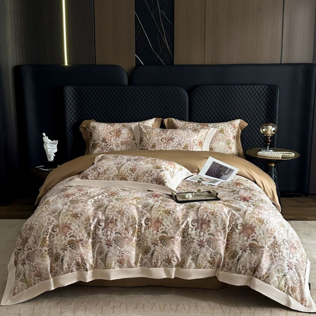 Premium-Baumwoll-Satin-Bettwäschegarnitur mit detailliertem Botanischem Toile-Motiv und Satinbordüre