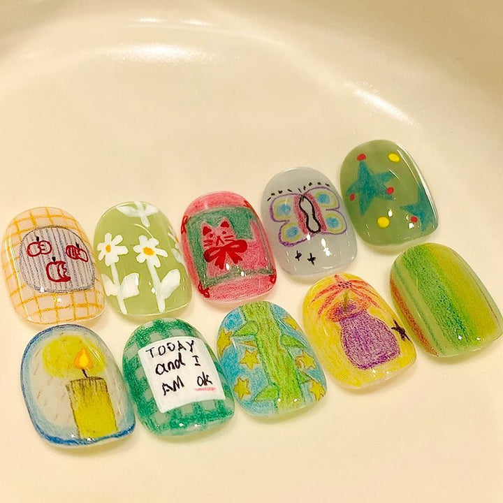 Künstlerisches katzenmotiviertes Press-On-Nagelkunstset Karnz
