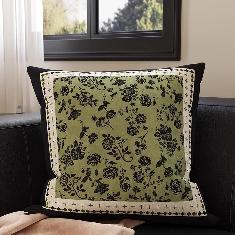 Square Velvet Accent Pillow Cover with Vintage Botanical Tapestry Print and Contrast Border