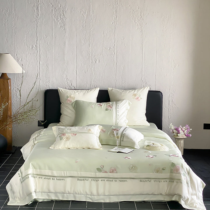 Seidenmischung Botanisch Bestickte Bettwäsche Set mit Satin Border & Dekorativen Kissenbezügen