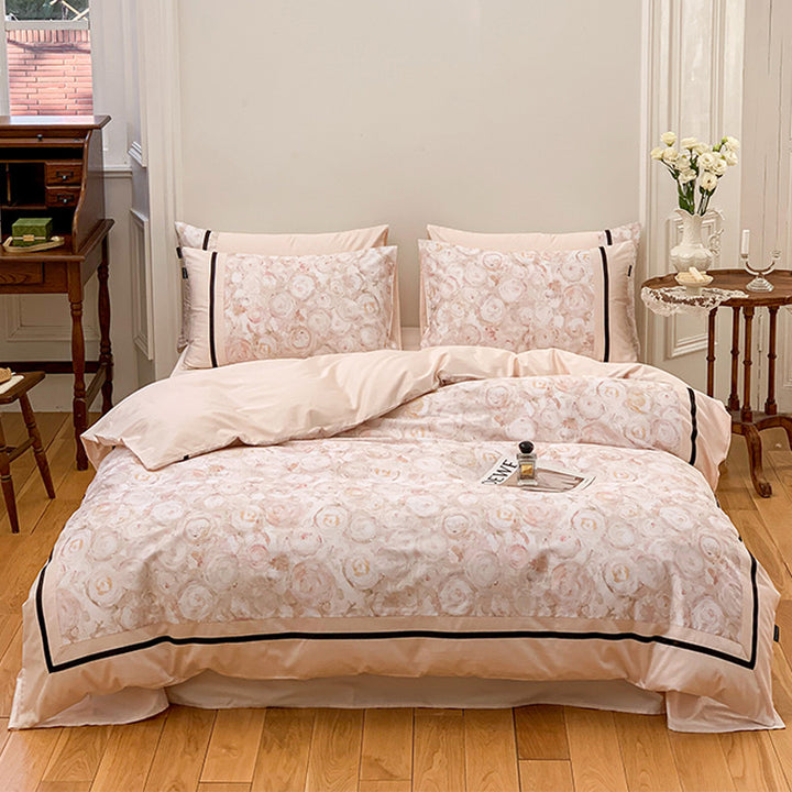 Luxus Baumwoll-Satin Blumen Bettdeckenbezug Set mit Aquarell Blumenmotiven, kontrastierendem Kastenrand & versteckten Eckenbindern
