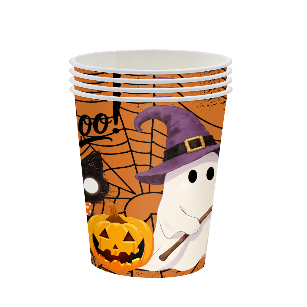 Einweg-Pappbecher mit Halloween-Kürbis- und Geistermotiv stapelbar