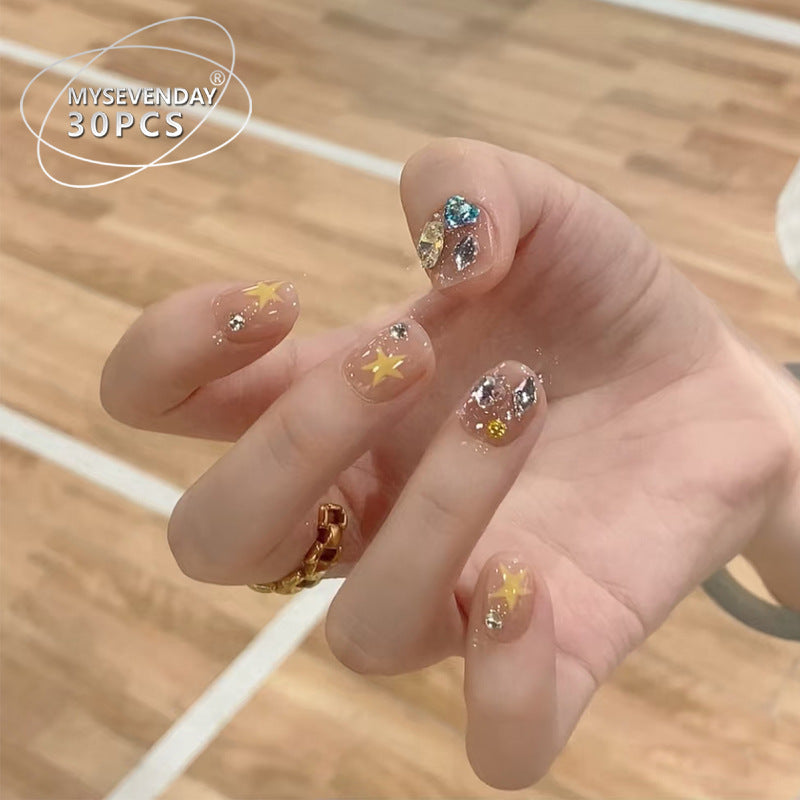 Künstlerisches Press-On Nagelset mit Edelsteinen und Sternelementen Karnz
