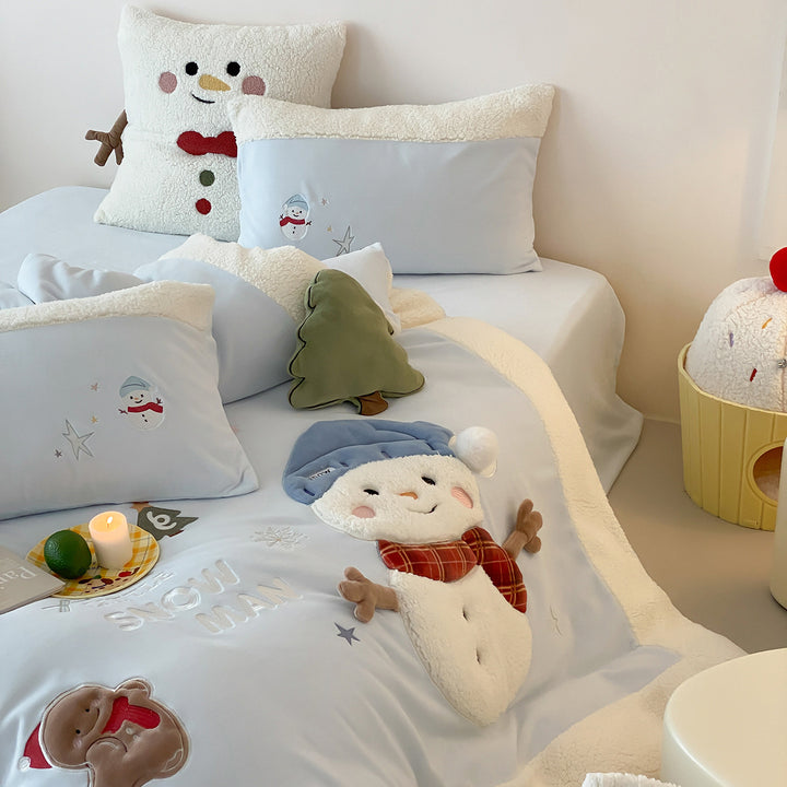 Kindermantel Sherpa-Besatz bestickte Schneemann Bettwäsche Set mit Kissenbezügen