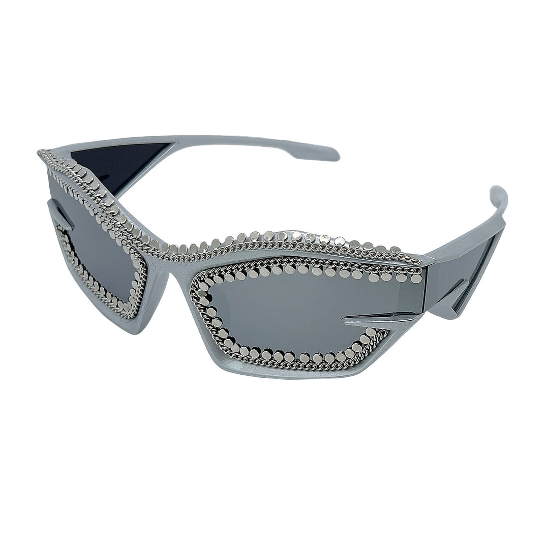 Damen Designer-Sonnenbrille im futuristischen Look mit funkelndem Strassbesatz Karnz