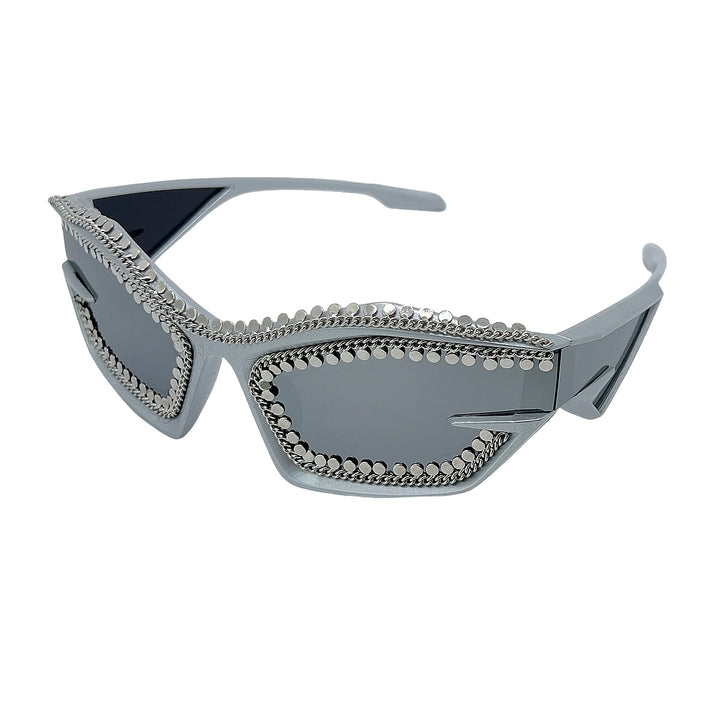 Damen Designer-Sonnenbrille im futuristischen Look mit funkelndem Strassbesatz Karnz