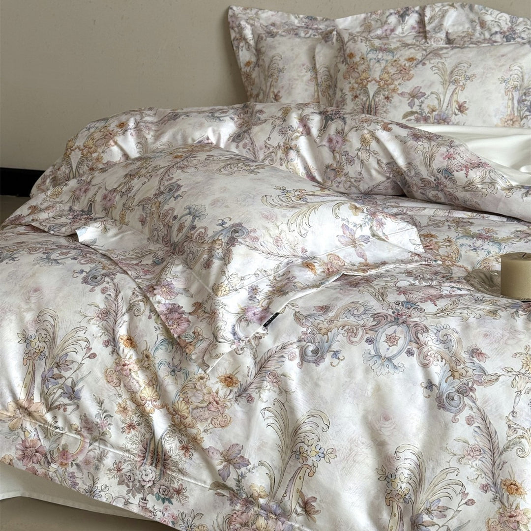 Umkehrbare Baumwollsatin Bettbezugset mit Vintage Aquarell Scroll Blumenmuster
