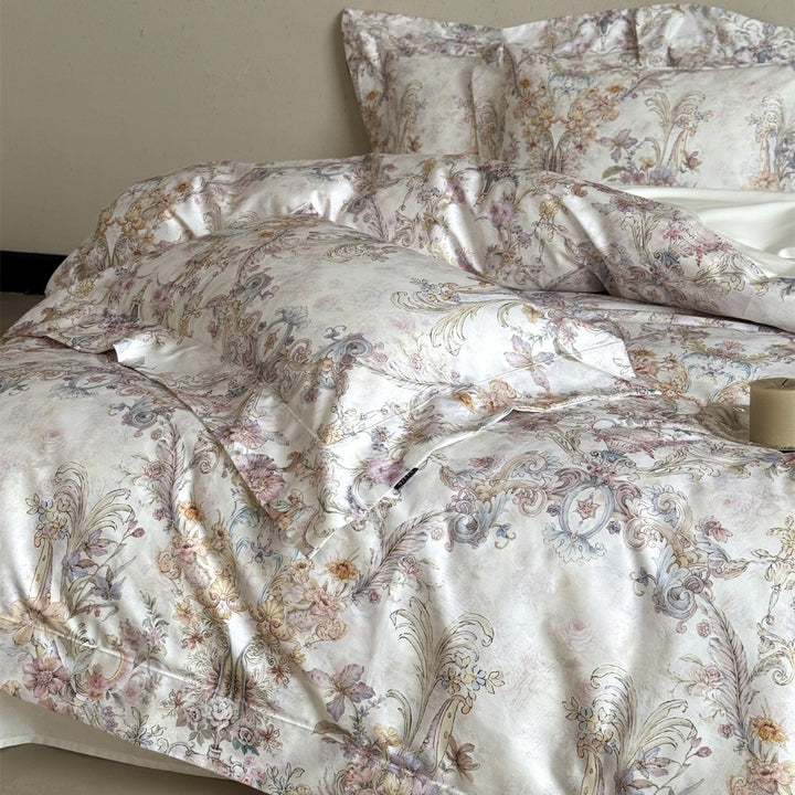 Umkehrbare Baumwollsatin Bettbezugset mit Vintage Aquarell Scroll Blumenmuster
