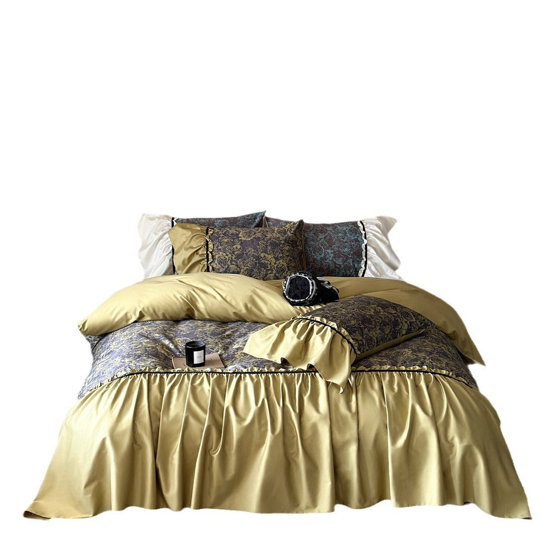 Wendbares Luxus-Bettwäscheset aus Baumwollsatin mit gerafftem Volant, floraler Jacquard-Innenseite und kontrastierender Samt-Paspel