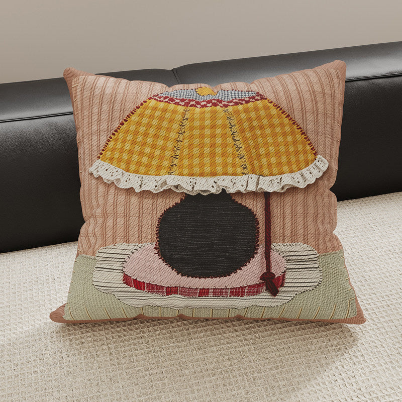 Decorative Gingham Embroidered Pear Appliqué Throw Pillow Cover