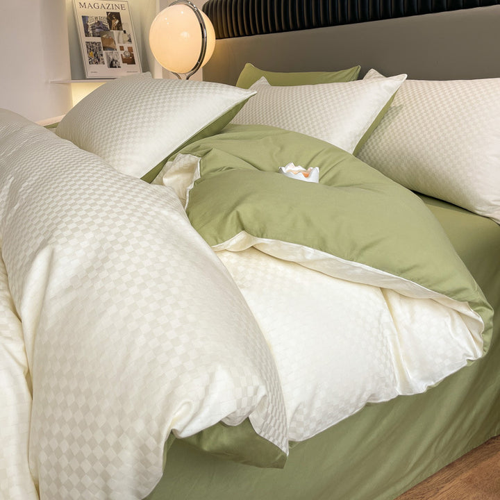 Luxuriöses Jacquard Karo Satin Bettwäsche Set mit Kissenbezügen und tiefem Spannbettlaken