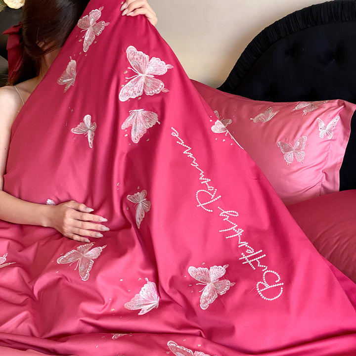 Luxus-Satin-Bettwäscheset mit bestickten Schmetterlingsapplikationen Karnz