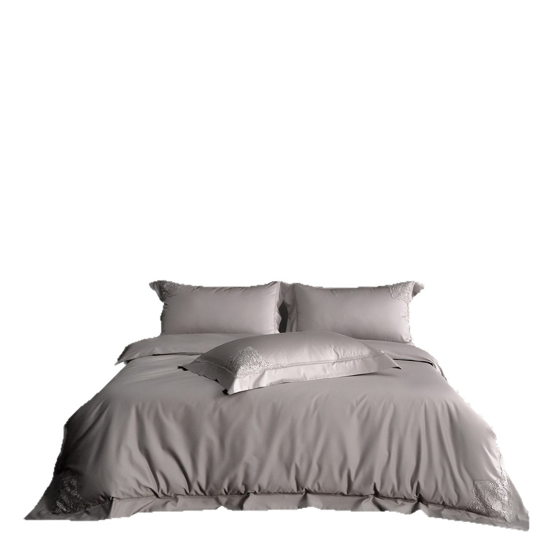Premium Seide-Fühl Baumwollsatin Duvet Cover Set mit zarter Ecken-Spitzenstickerei und tiefen Kissenbezügen