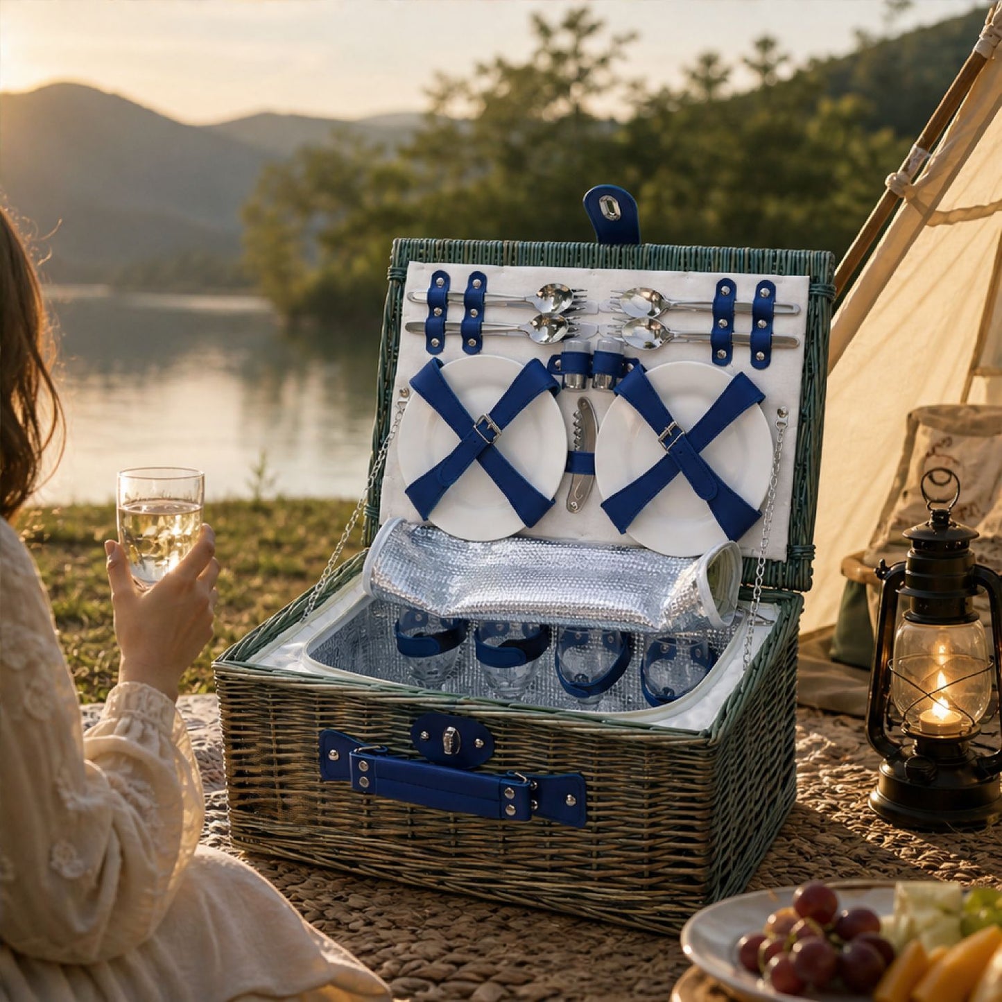 Damen Luxus Picknickkorb mit versetztem Geschirrfach und floralem Innenfutter Karnz