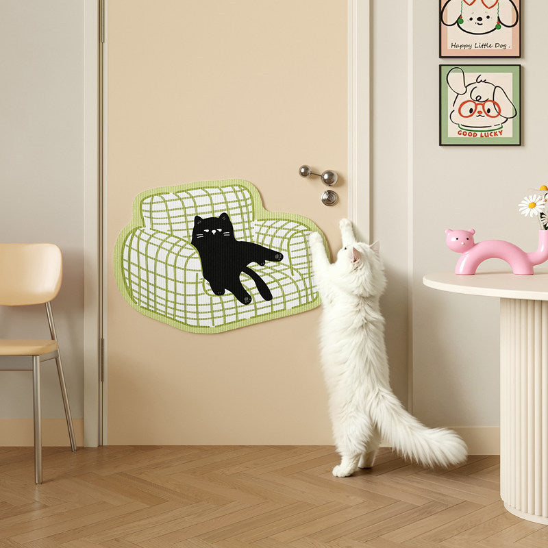 Wall-Mounted Cat Scratching Pad and Door Protector with Plush Sofa Illustration