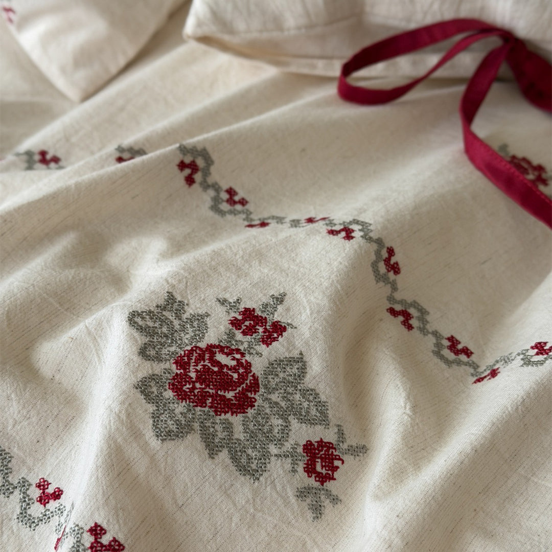 Vintage-Style Gestickte Baumwoll-Leinen Bettbezug und Band-Binde Kissenbezug Set