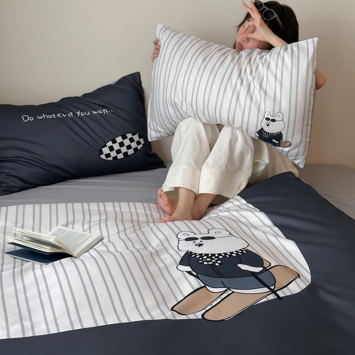 Bettwäsche-Garnitur aus Baumwollsatin mit Teddybär- und Frühstücks-Print