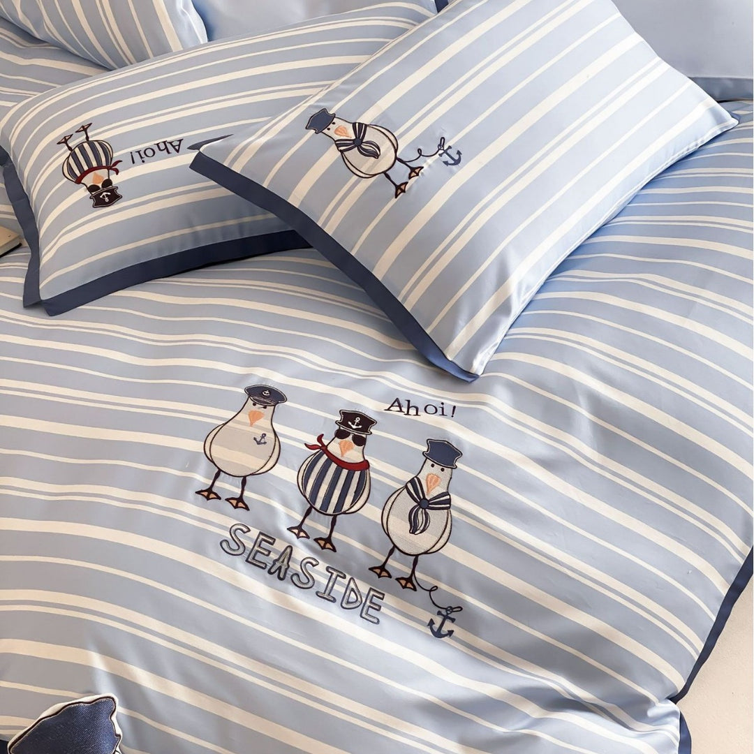 Seaside Stripe Baumwollsatin Bettbezug Set mit bestickten Möwe Kissenbezügen