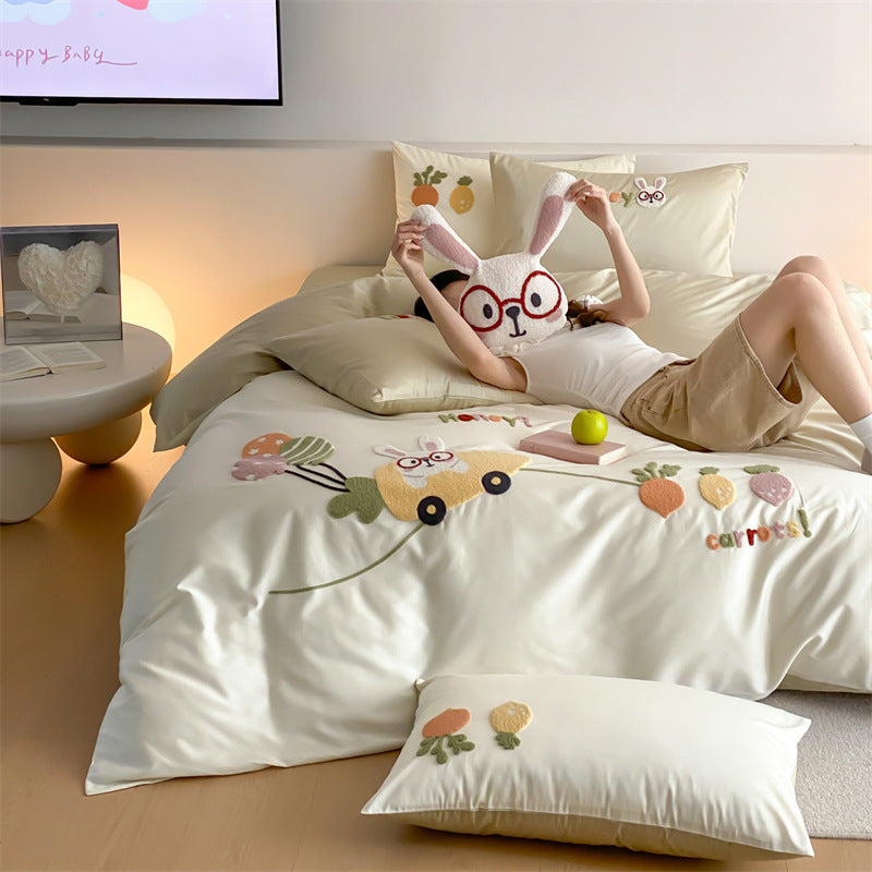 Plüsch Bestickte Baumwollsatin Bettbezug Set mit Hase & Karotten Applikationen