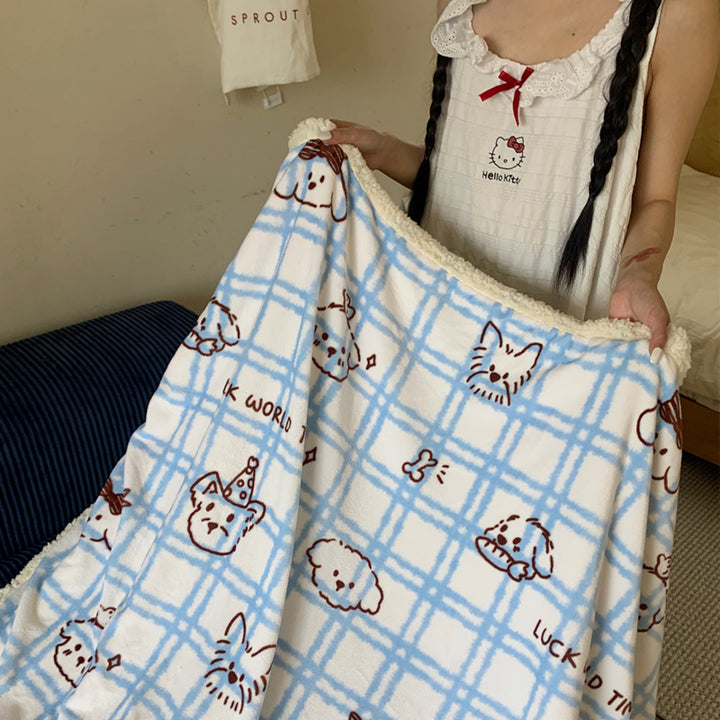 Wendbare Kuscheldecke mit Sherpa-Fleece, niedlichen Hunde-Illustrationen und kariertem Muster