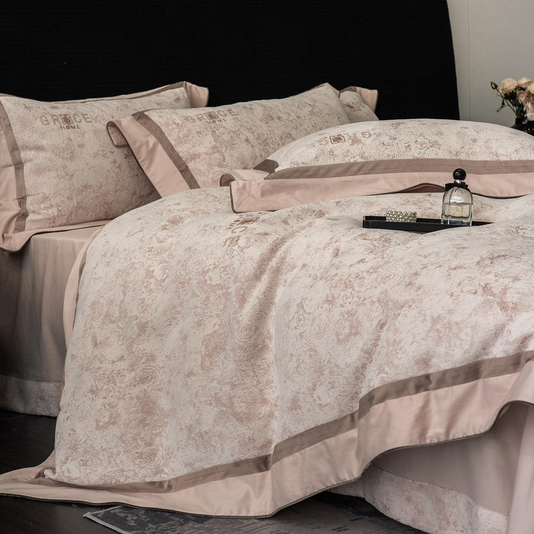 Hotel-Style Jacquard Texturiertes Bettbezug Set mit Satinbesatz Kissenbezügen