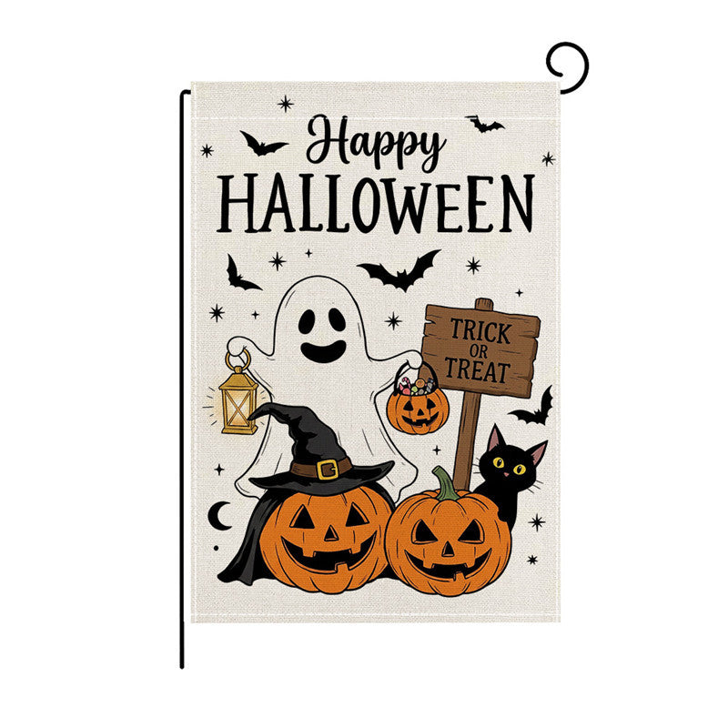 Schwerlast-Halloween-Spun-Polyester-Dekorationsgartenflagge mit verspielten Geistern und Kürbislaternen
