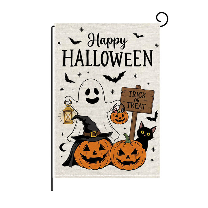 Schwerlast-Halloween-Spun-Polyester-Dekorationsgartenflagge mit verspielten Geistern und Kürbislaternen