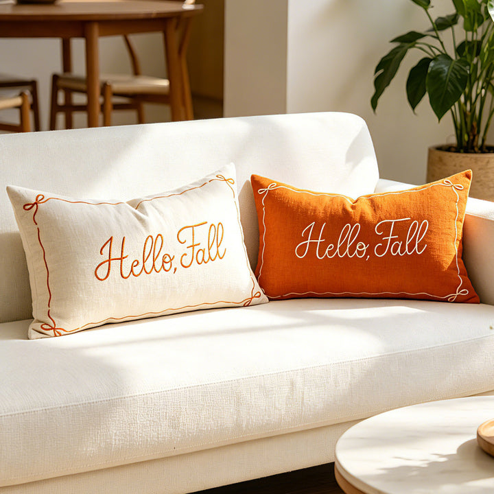 Bestickte Hello Fall Leinen-Optik Lendenkissenbezug