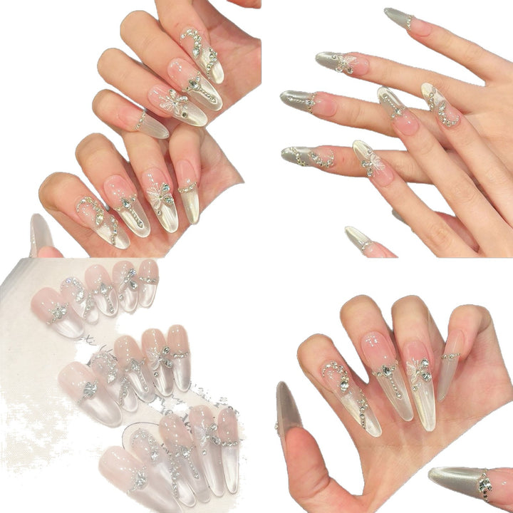 Elegantes Press-On Nagelset mit dekorativen Juwel-Akzenten