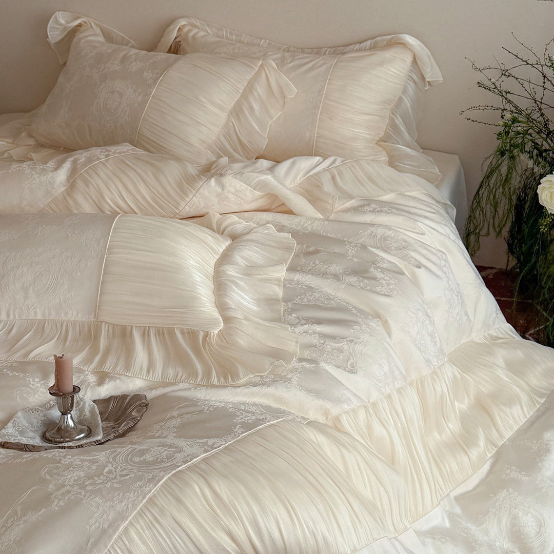 Luxuriöses Jacquard-Satin Bettwäsche-Set mit gepolstertem Chiffon-Rüschensaum & Oxford-Kissenbezügen
