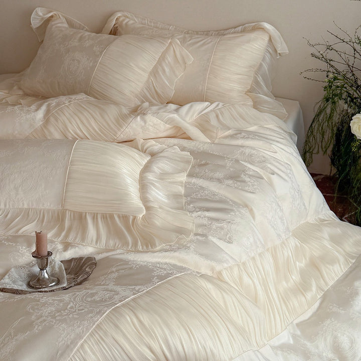 Luxuriöses Jacquard-Satin Bettwäsche-Set mit gepolstertem Chiffon-Rüschensaum & Oxford-Kissenbezügen