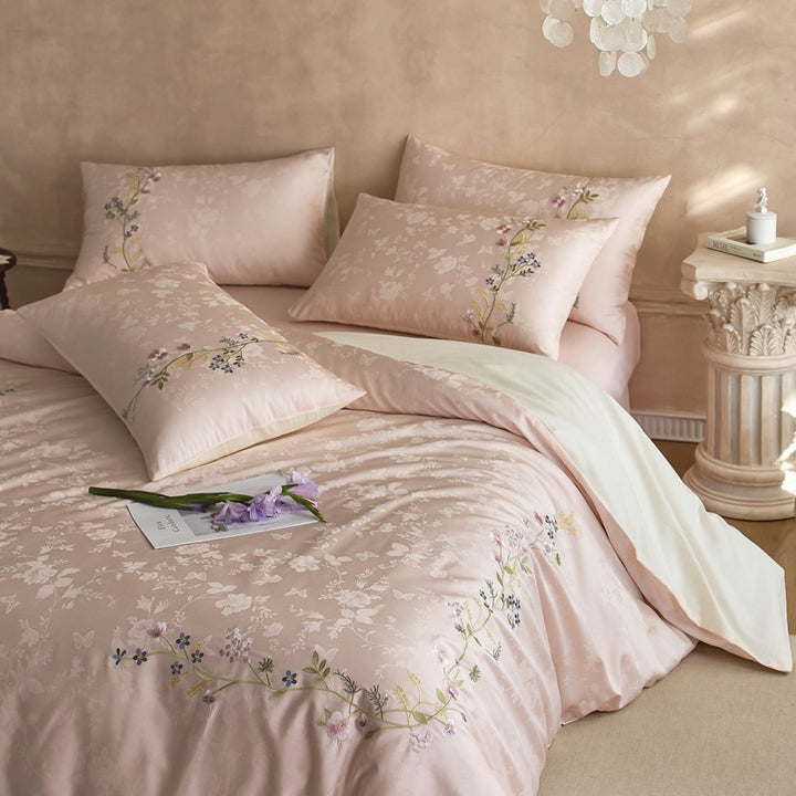 Botanisches Jacquard-Baumwollsatin Bettbezug-Set mit zarten Zweigstickereien und Umschlagkissenbezügen