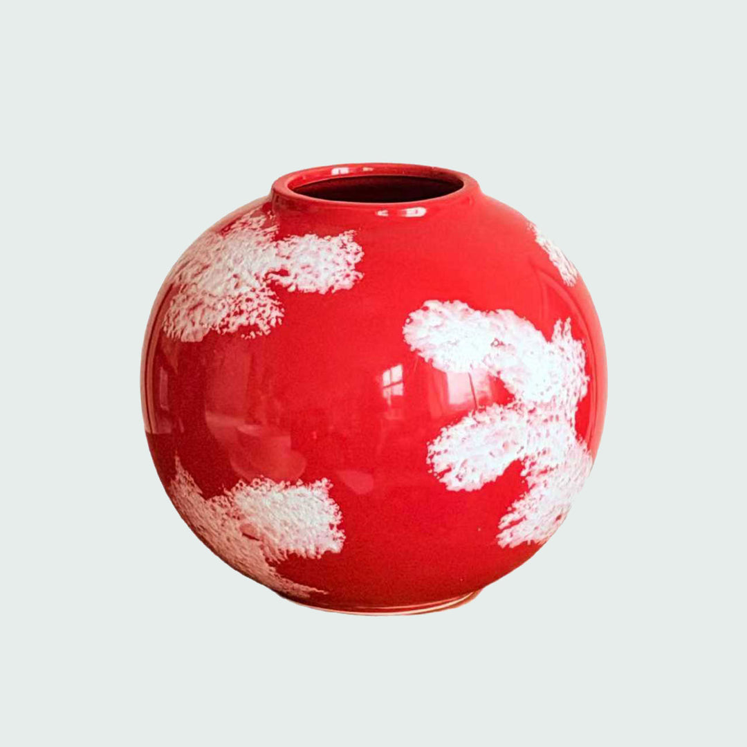 Dekorativer runder, glasierter Keramik-Orb-Vase mit strukturierten kristallinen Akzenten und schmalem Mund