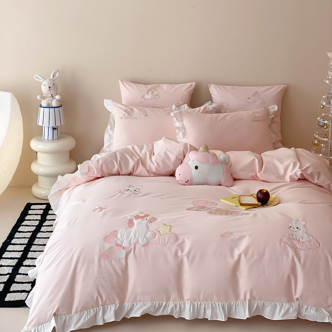 Embroidered Cotton-Sateen Ruffled Duvet Cover Set with Tailored Bedskirt & Decorative Pillow Shams