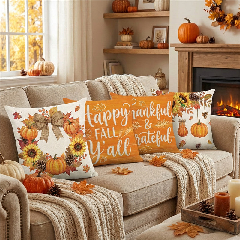 Herbst Aquarell Sonnenblume & Kürbis Baumwoll-Leinen Kissenbezug mit verstecktem Reißverschluss