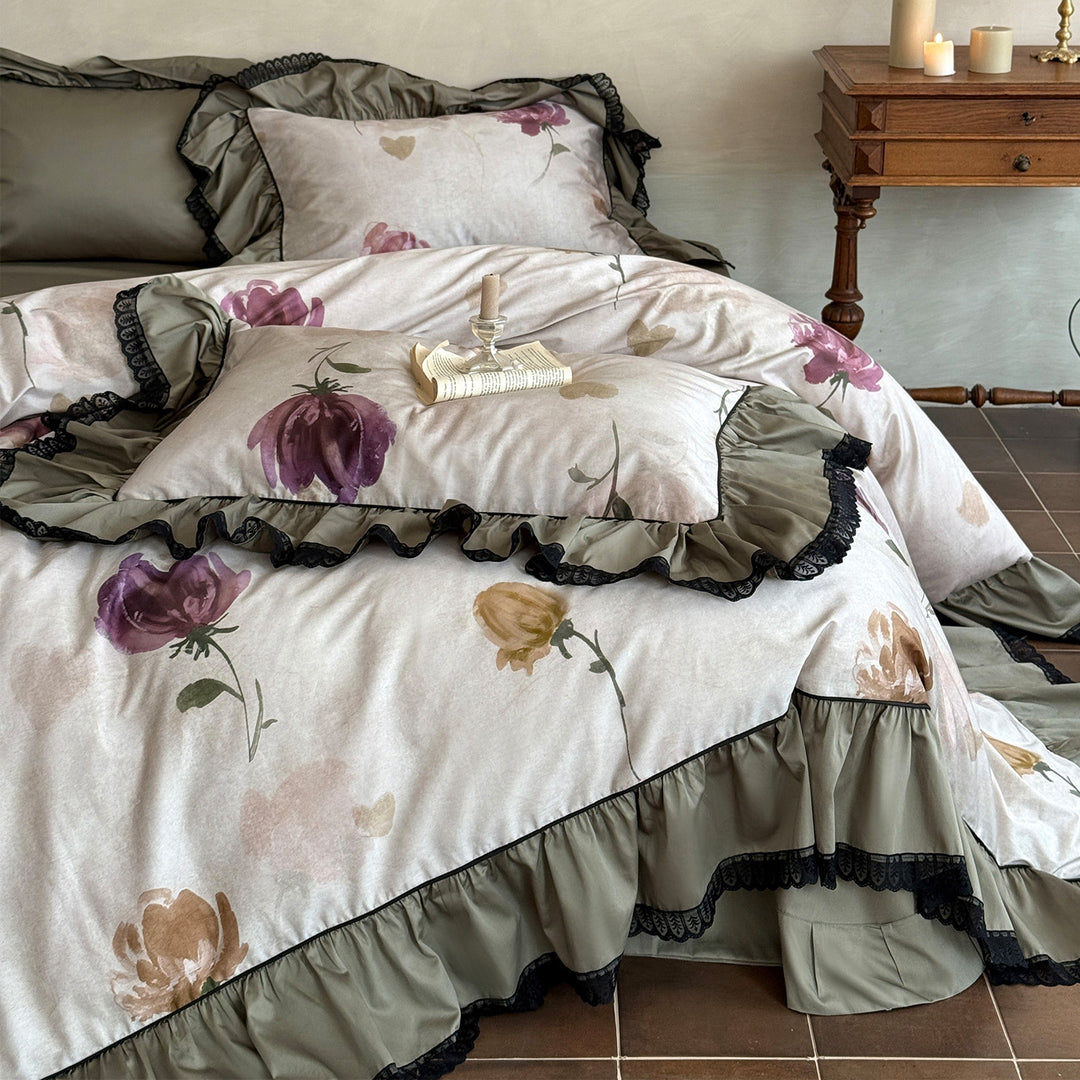 Blumige Aquarell Rüsch Baumwollsatin Bettbezug Set mit dekorativen Rüschenkissenbezügen