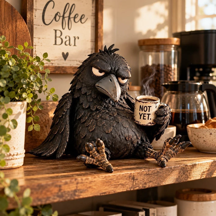 Eigenwillige Krähen Skulptur mit Kaffeetasse Karnz