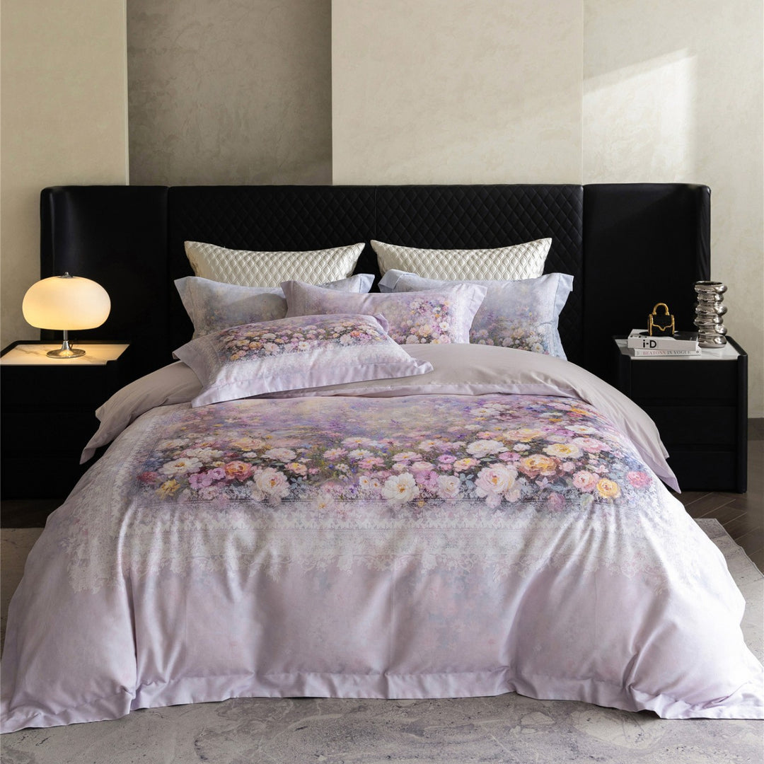 Florales Kunst-Print Baumwoll-Satin Bettbezug Set mit Wendeseite & Dekorativen Kissenbezügen