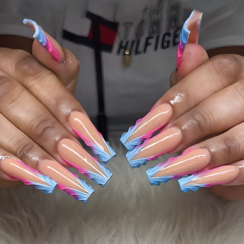 Künstlerisches Stiletto Press-On Nagelset mit abstraktem Wellenmuster Karnz