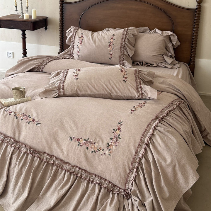 Vintage-inspirierte floral gestickte Rüsch-Linen-Bettbezug-Ensemble