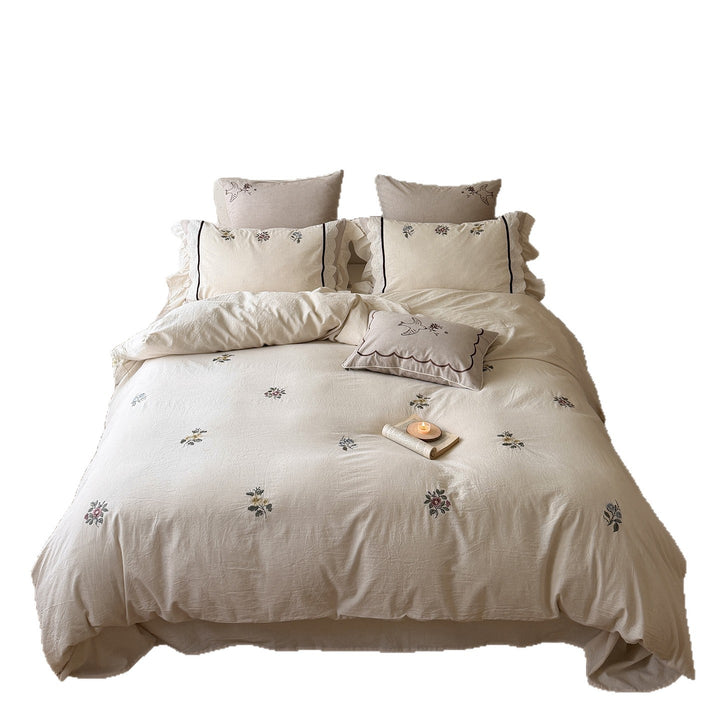 Botanisch Besticktes Leichtes Stonewashed Baumwoll-Leinen Bettbezugset